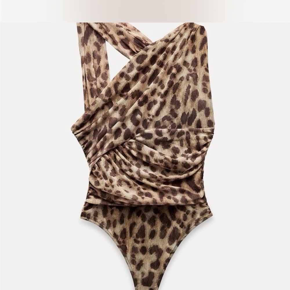 NWT DRAPED ASYMMETRICAL TULLE BODYSUIT Animal Print Sz Large
